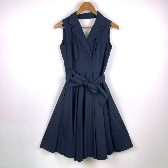 Escada Black Pleated Sleeveless Wrap Knee Length Cotton Dress Women's 32 US 2 - Picture 2 of 15